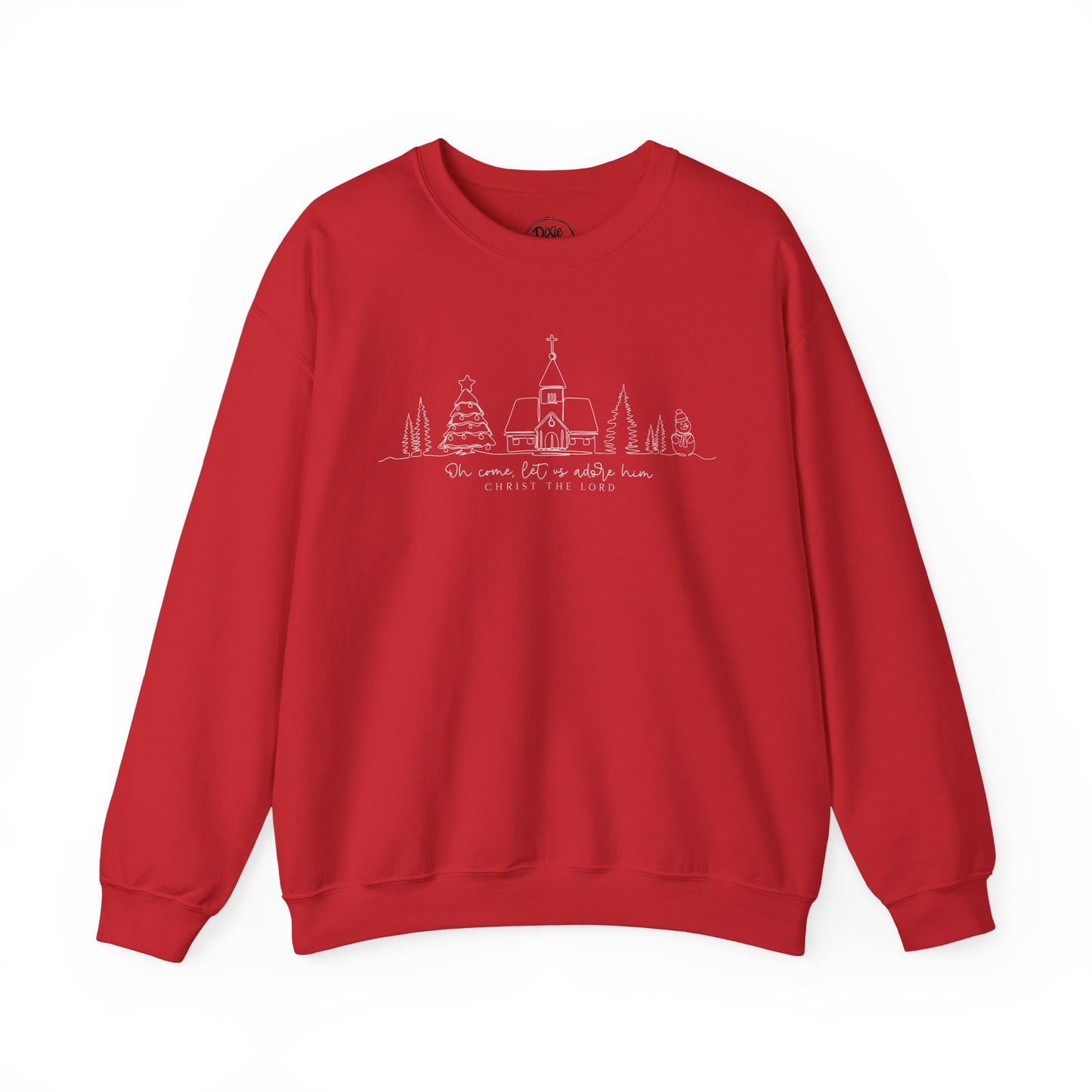 Crewneck Sweatshirt — Minimal Line Art Christmas Village "Be Home for the Holidays"