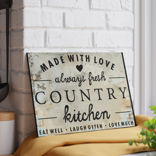 Country Kitchen Glass Cutting Board — "Made with Love, Always Fresh" Rustic Decor