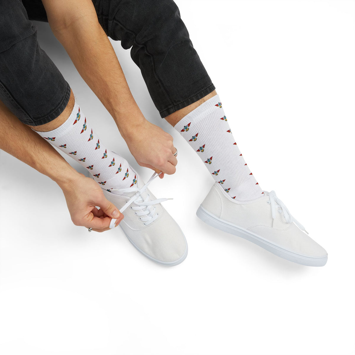 White Sublimation Crew Socks with Tiny Floral Bird Pattern