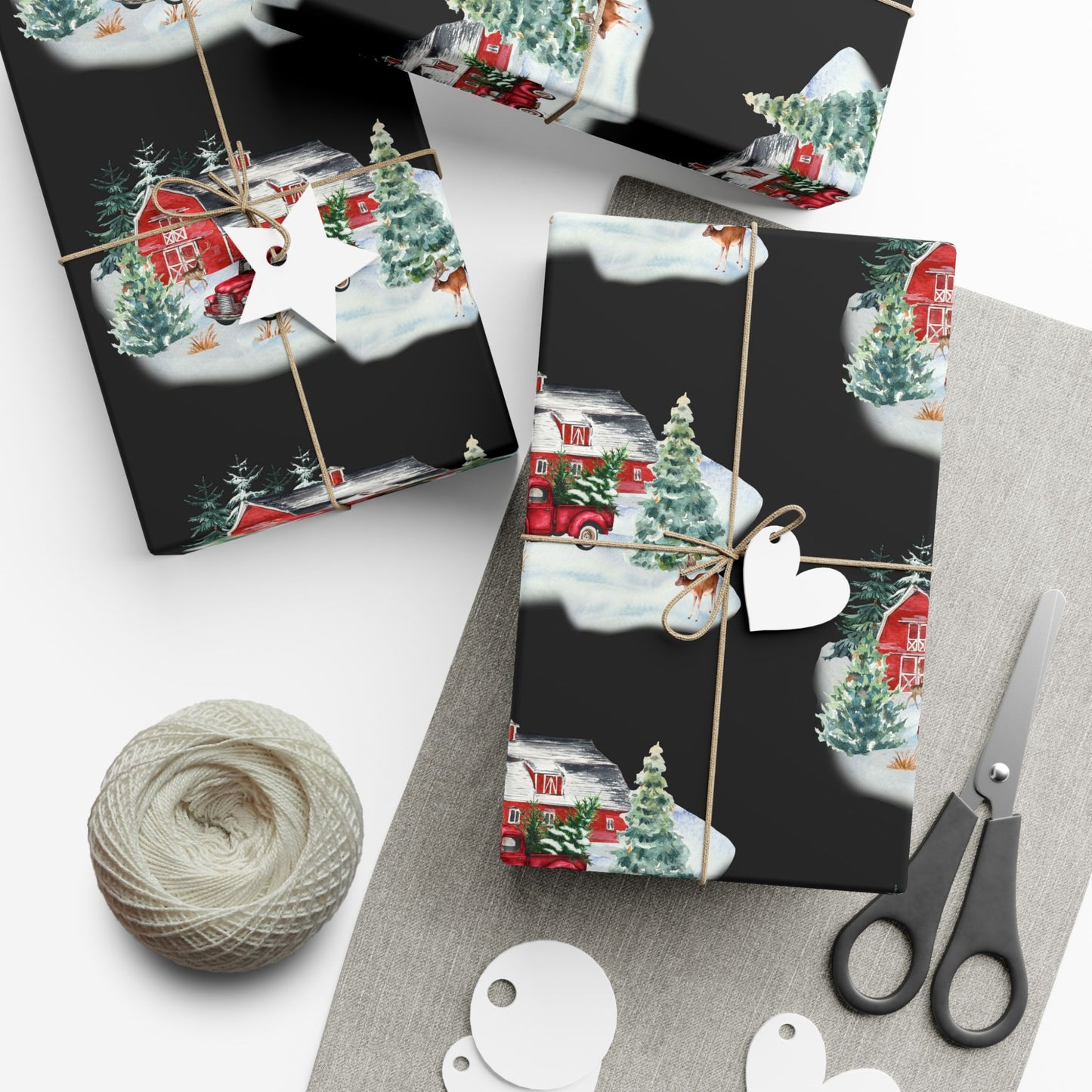 Christmas Village Gift Wrap Paper — Vintage Red Truck & Snowy Barn Holiday Wrapping