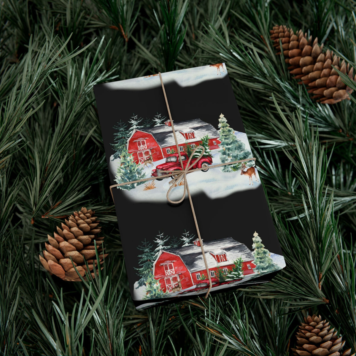 Christmas Village Gift Wrap Paper — Vintage Red Truck & Snowy Barn Holiday Wrapping