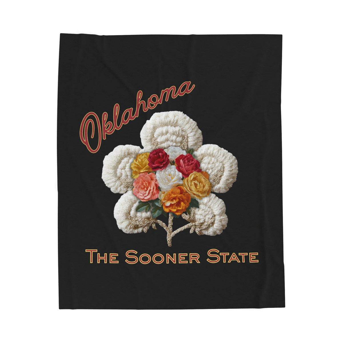 Oklahoma Velveteen Plush Blanket – 'The Sooner State' Floral Cotton Boll Design