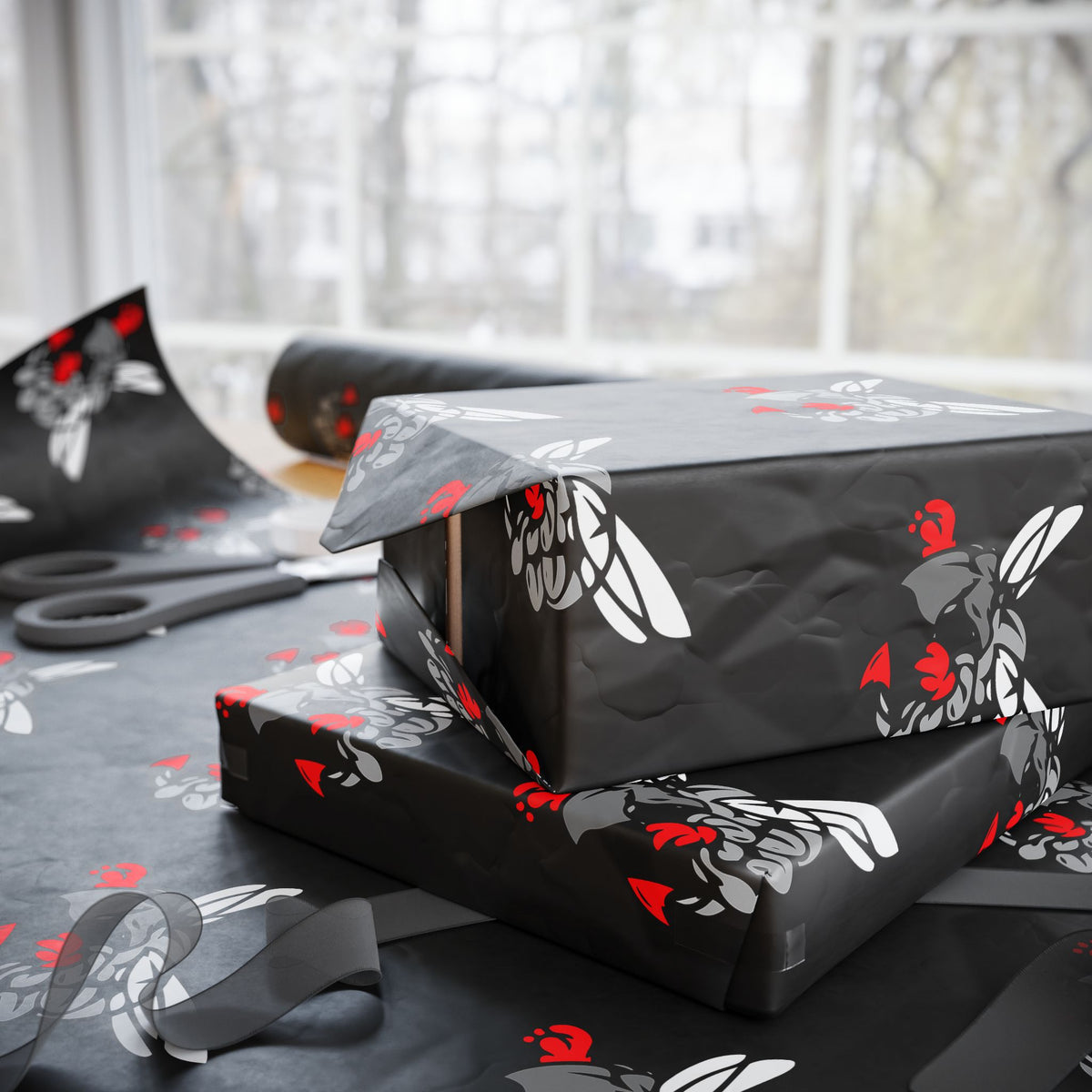 Wrapping Paper — Hilldale Hornets Pattern on Black (Red Accent)