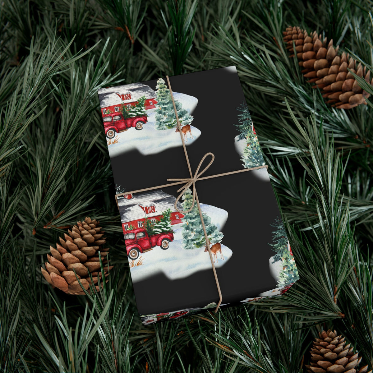 Christmas Village Gift Wrap Paper — Vintage Red Truck & Snowy Barn Holiday Wrapping