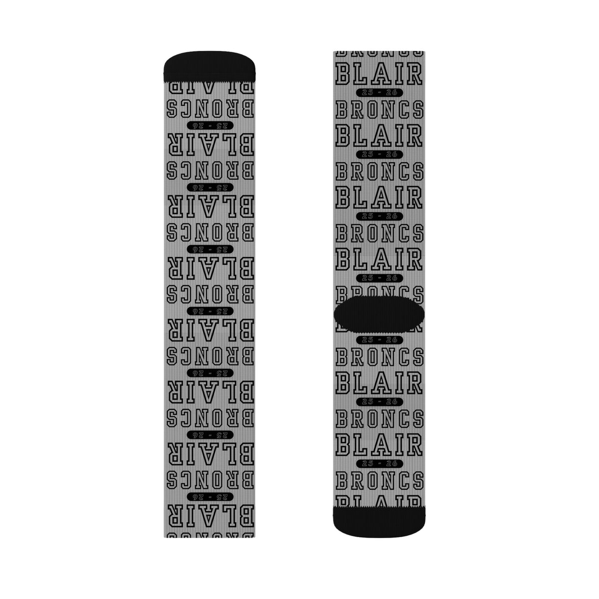 Custom Sublimation Crew Socks — Personalized Team Name 'BLAIR BRONCS' Sports Socks
