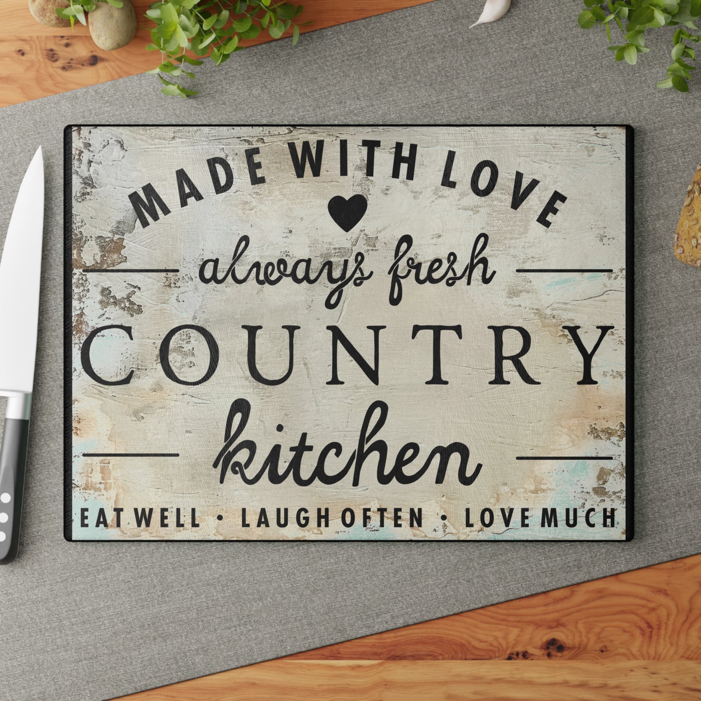 Country Kitchen Glass Cutting Board — "Made with Love, Always Fresh" Rustic Decor