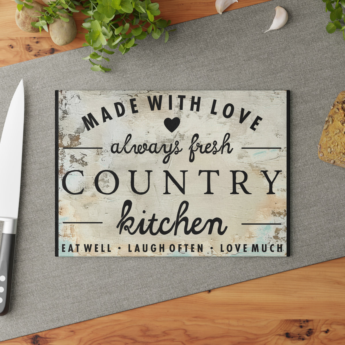 Country Kitchen Glass Cutting Board — "Made with Love, Always Fresh" Rustic Decor