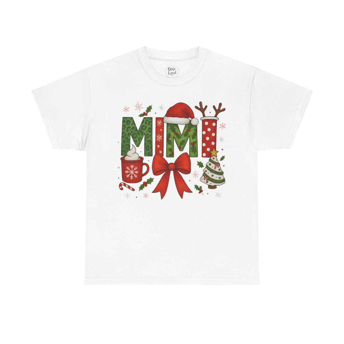 MiMi Christmas Tee — Festive Holiday Letters with Santa Hat, Reindeer Antlers & Bow