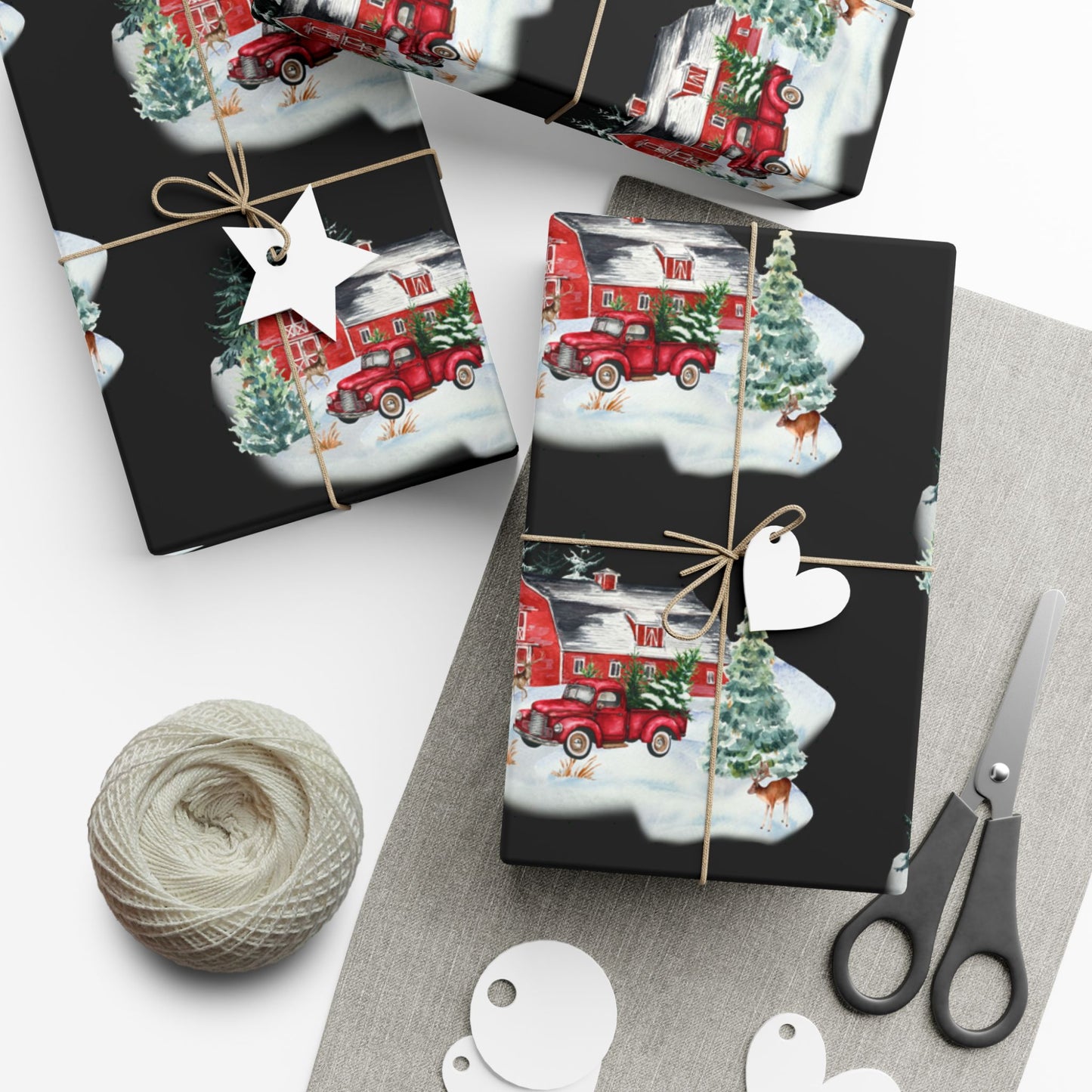 Christmas Village Gift Wrap Paper — Vintage Red Truck & Snowy Barn Holiday Wrapping