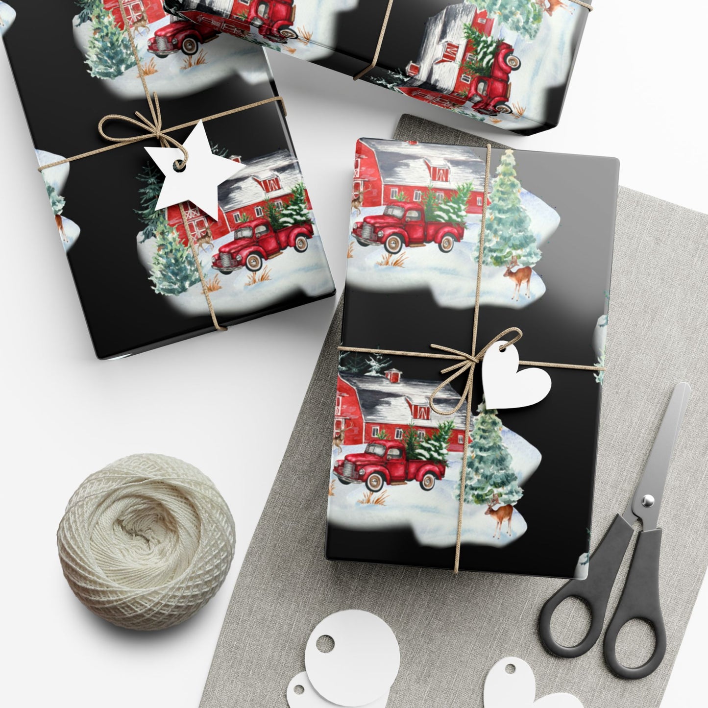 Christmas Village Gift Wrap Paper — Vintage Red Truck & Snowy Barn Holiday Wrapping