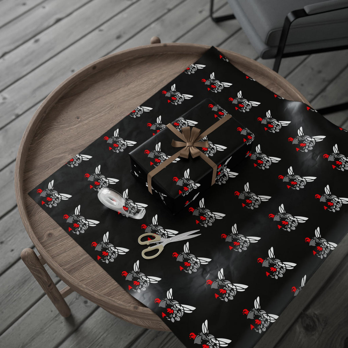 Wrapping Paper — Hilldale Hornets Pattern on Black (Red Accent)