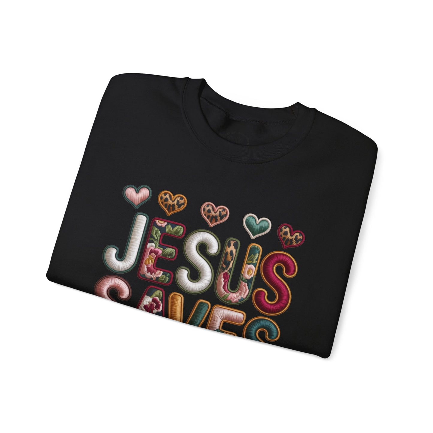 Jesus Saves Crewneck Sweatshirt — Floral & Heart Christian Graphic Sweatshirt