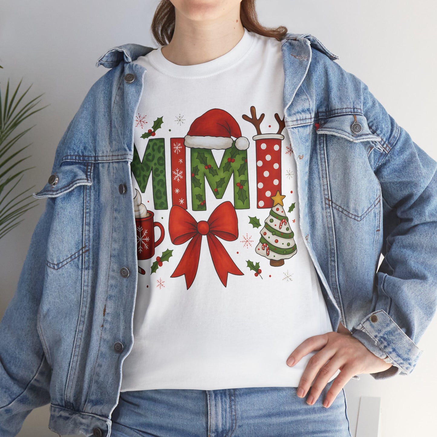 MiMi Christmas Tee — Festive Holiday Letters with Santa Hat, Reindeer Antlers & Bow