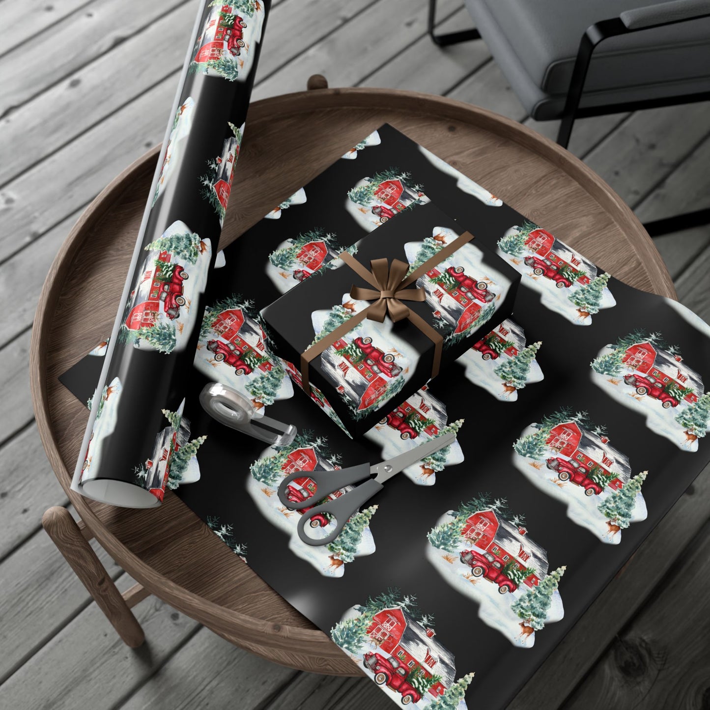 Christmas Village Gift Wrap Paper — Vintage Red Truck & Snowy Barn Holiday Wrapping