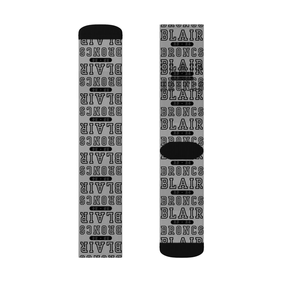 Custom Sublimation Crew Socks — Personalized Team Name 'BLAIR BRONCS' Sports Socks