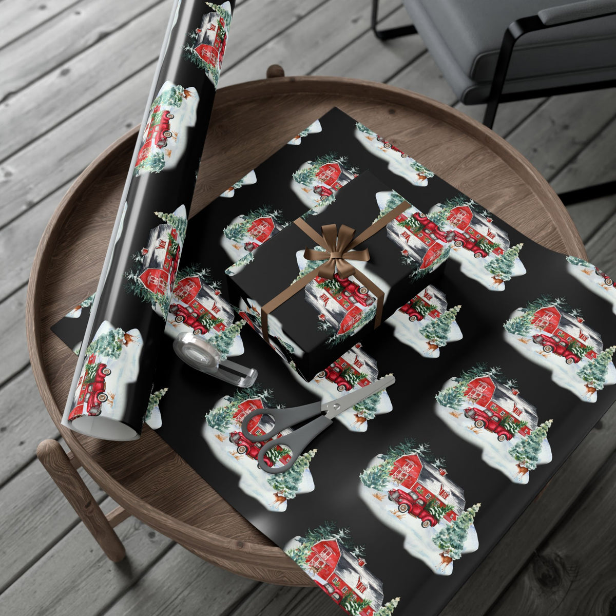 Christmas Village Gift Wrap Paper — Vintage Red Truck & Snowy Barn Holiday Wrapping