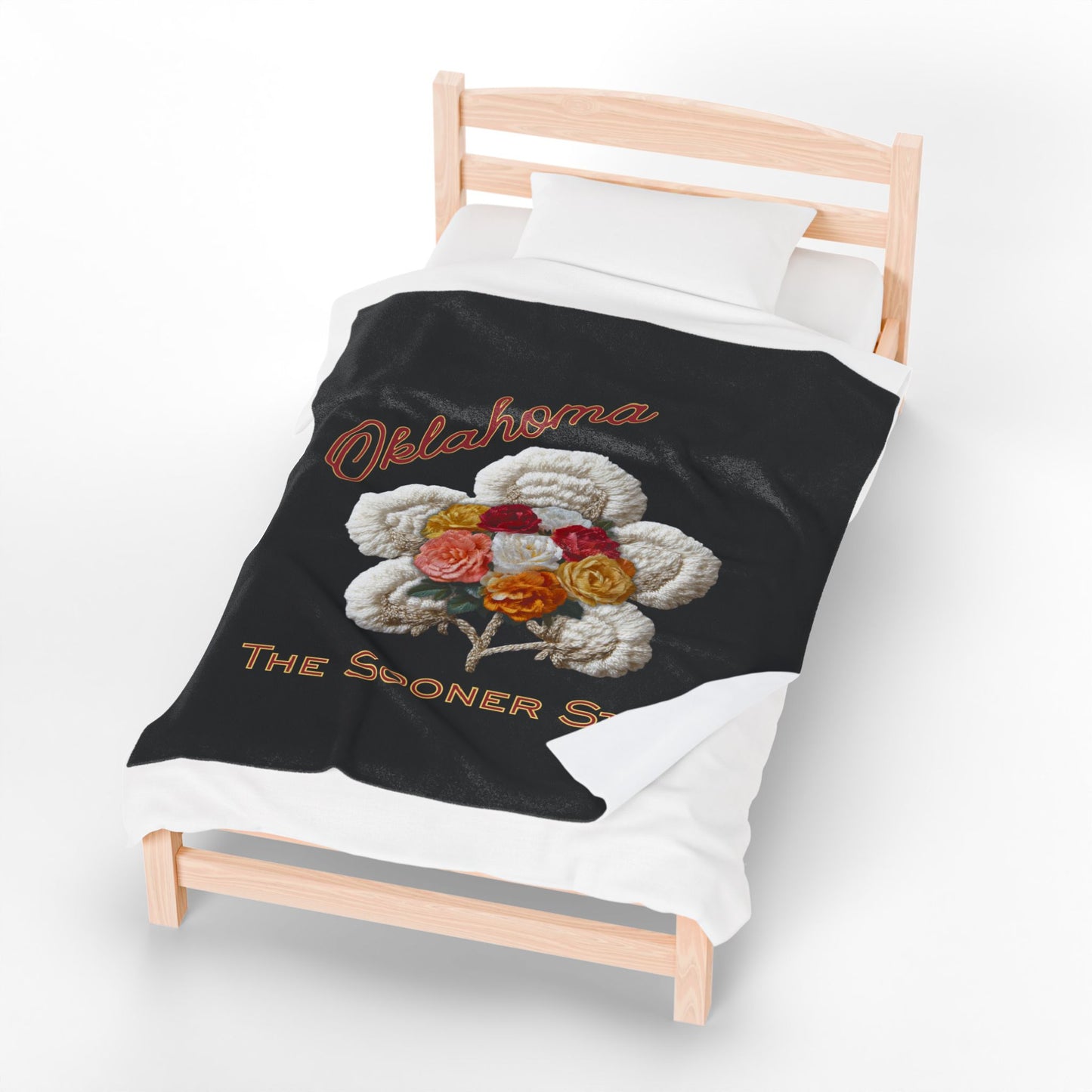 Oklahoma Velveteen Plush Blanket – 'The Sooner State' Floral Cotton Boll Design