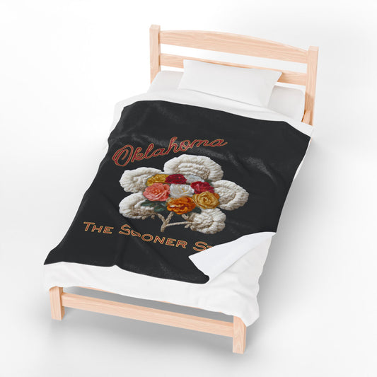 Oklahoma Velveteen Plush Blanket – 'The Sooner State' Floral Cotton Boll Design