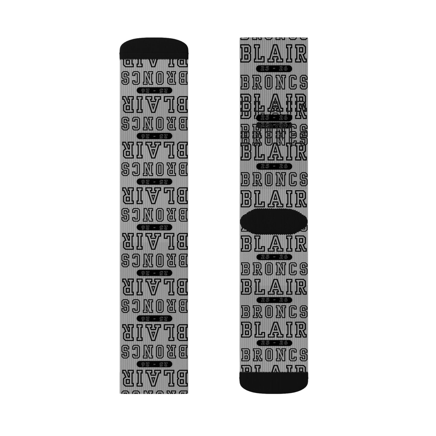 Custom Sublimation Crew Socks — Personalized Team Name 'BLAIR BRONCS' Sports Socks