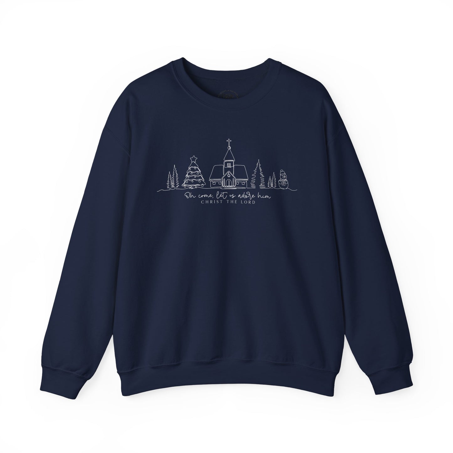 Crewneck Sweatshirt — Minimal Line Art Christmas Village "Be Home for the Holidays"