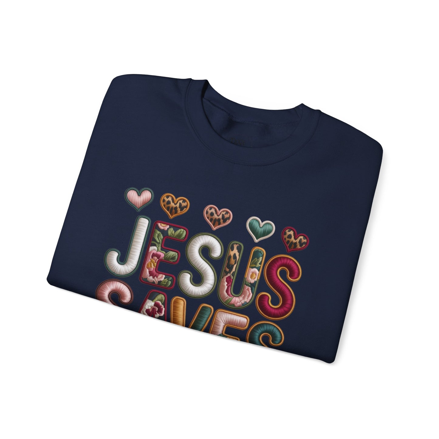 Jesus Saves Crewneck Sweatshirt — Floral & Heart Christian Graphic Sweatshirt