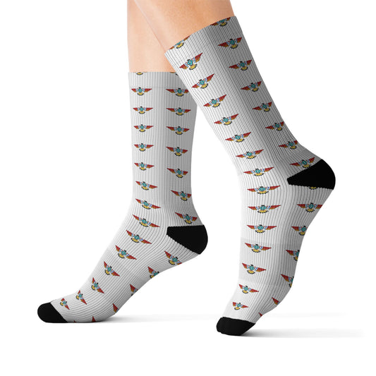 White Sublimation Crew Socks with Tiny Floral Bird Pattern