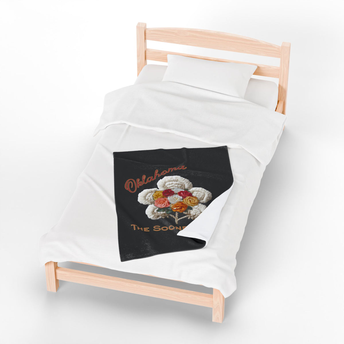 Oklahoma Velveteen Plush Blanket – 'The Sooner State' Floral Cotton Boll Design