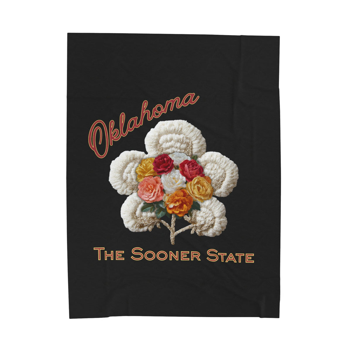 Oklahoma Velveteen Plush Blanket – 'The Sooner State' Floral Cotton Boll Design