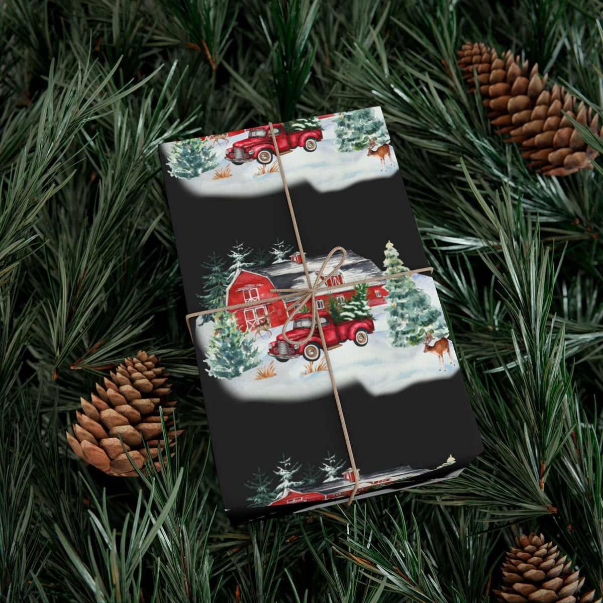 Christmas Village Gift Wrap Paper — Vintage Red Truck & Snowy Barn Holiday Wrapping
