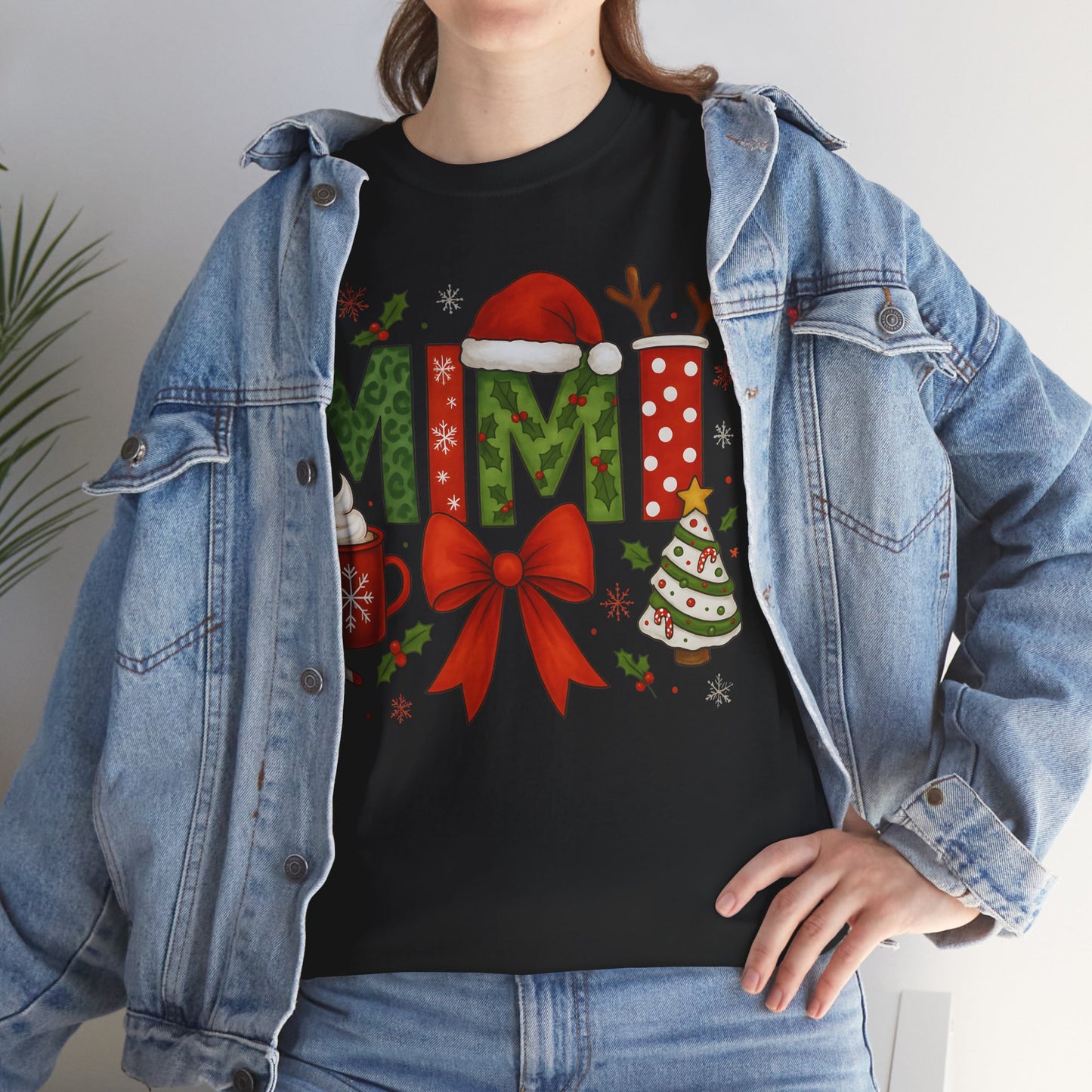 MiMi Christmas Tee — Festive Holiday Letters with Santa Hat, Reindeer Antlers & Bow