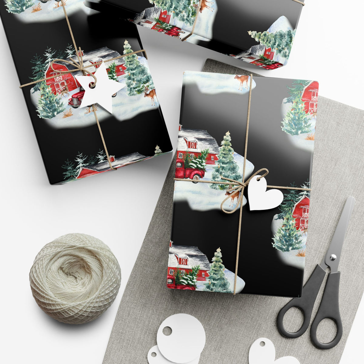 Christmas Village Gift Wrap Paper — Vintage Red Truck & Snowy Barn Holiday Wrapping