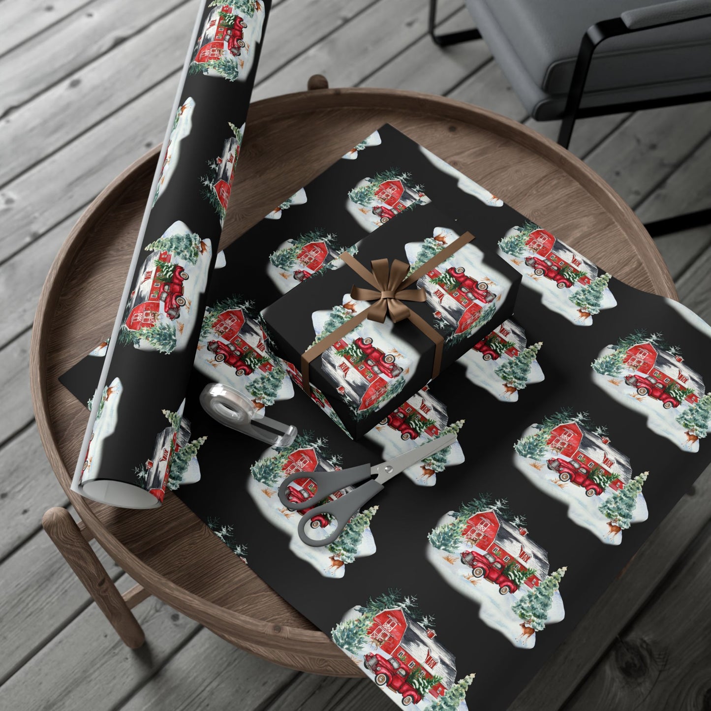 Christmas Village Gift Wrap Paper — Vintage Red Truck & Snowy Barn Holiday Wrapping