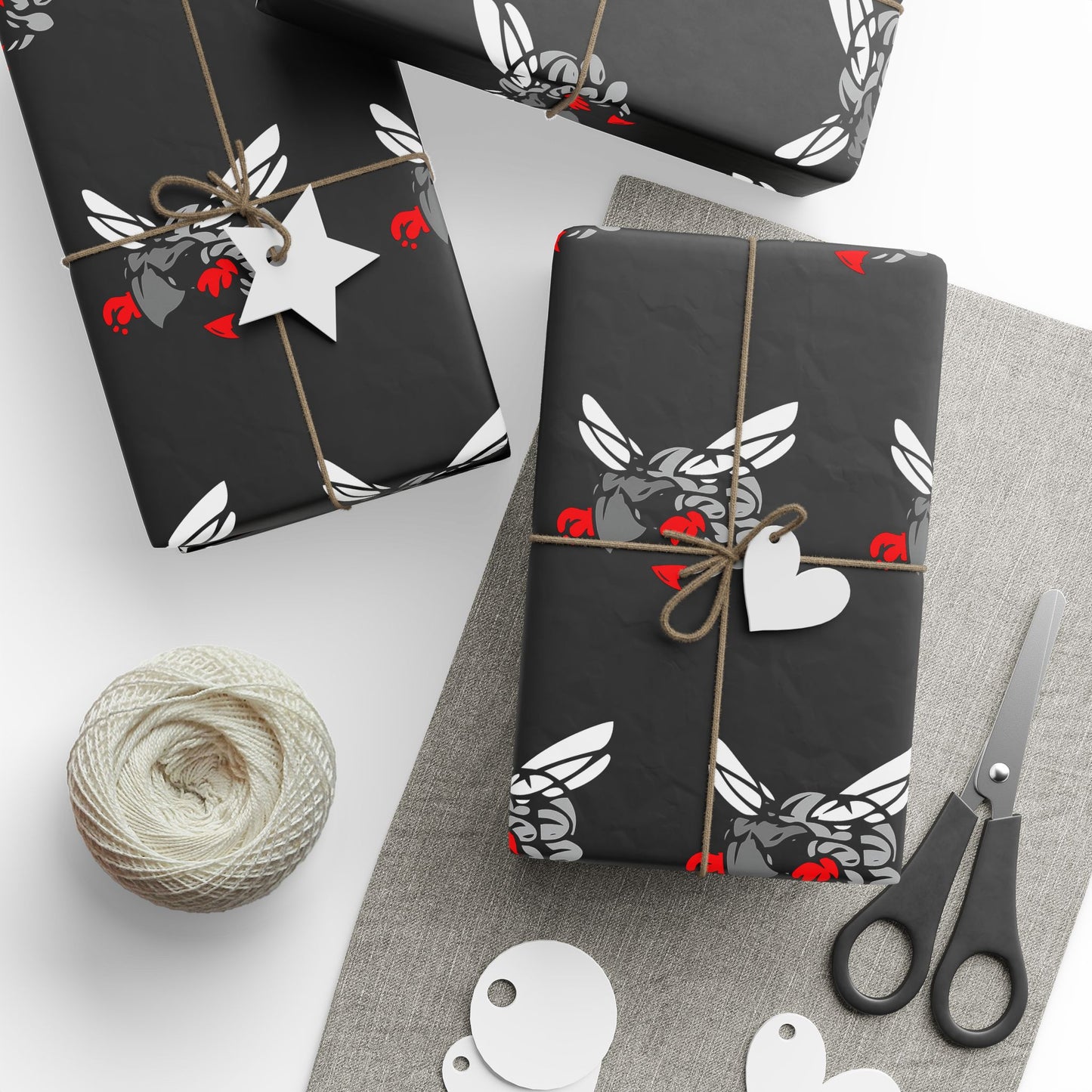 Wrapping Paper — Hilldale Hornets Pattern on Black (Red Accent)