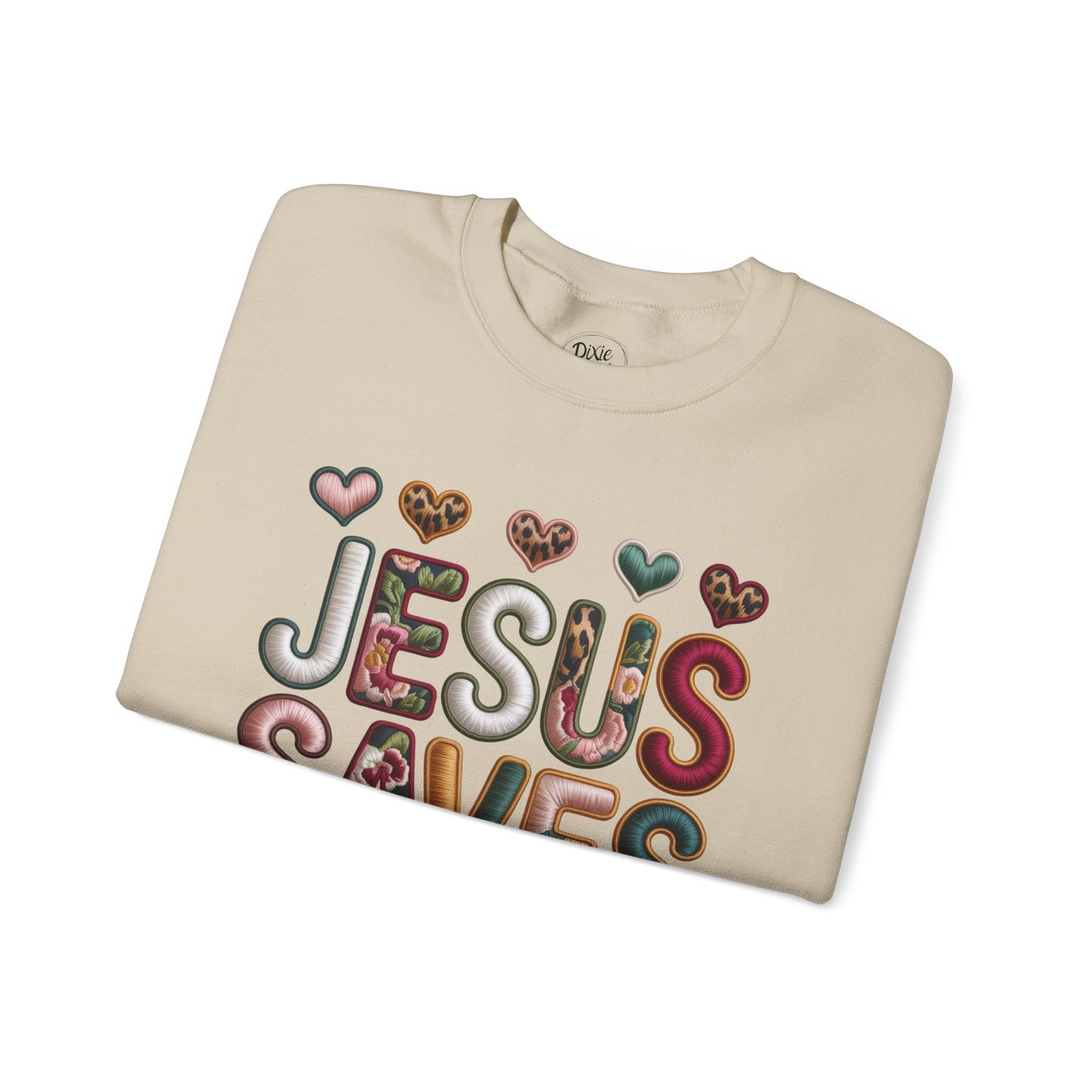 Jesus Saves Crewneck Sweatshirt — Floral & Heart Christian Graphic Sweatshirt