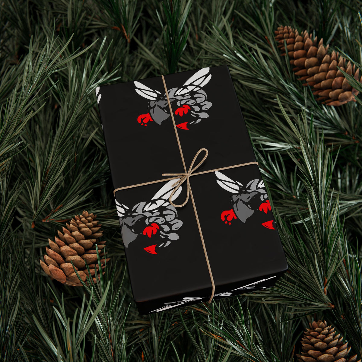 Wrapping Paper — Hilldale Hornets Pattern on Black (Red Accent)