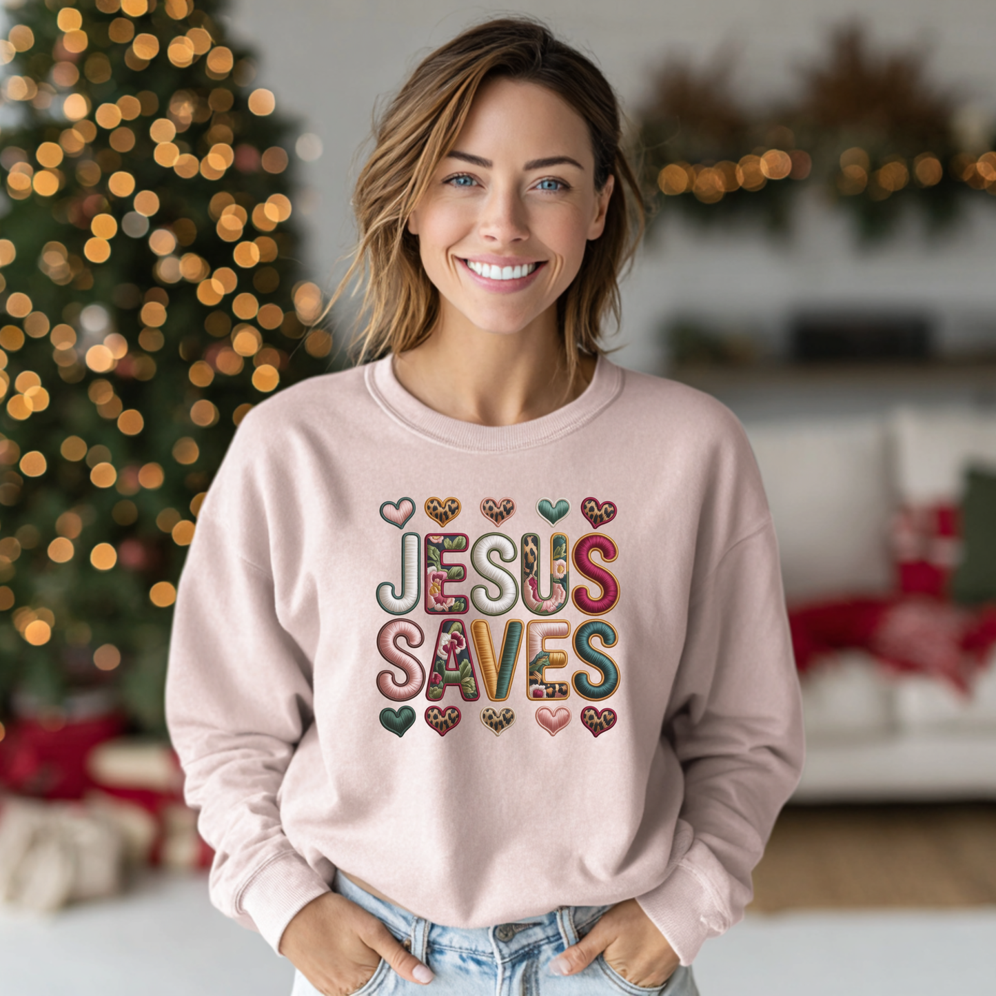 Jesus Saves Crewneck Sweatshirt — Floral & Heart Christian Graphic Sweatshirt